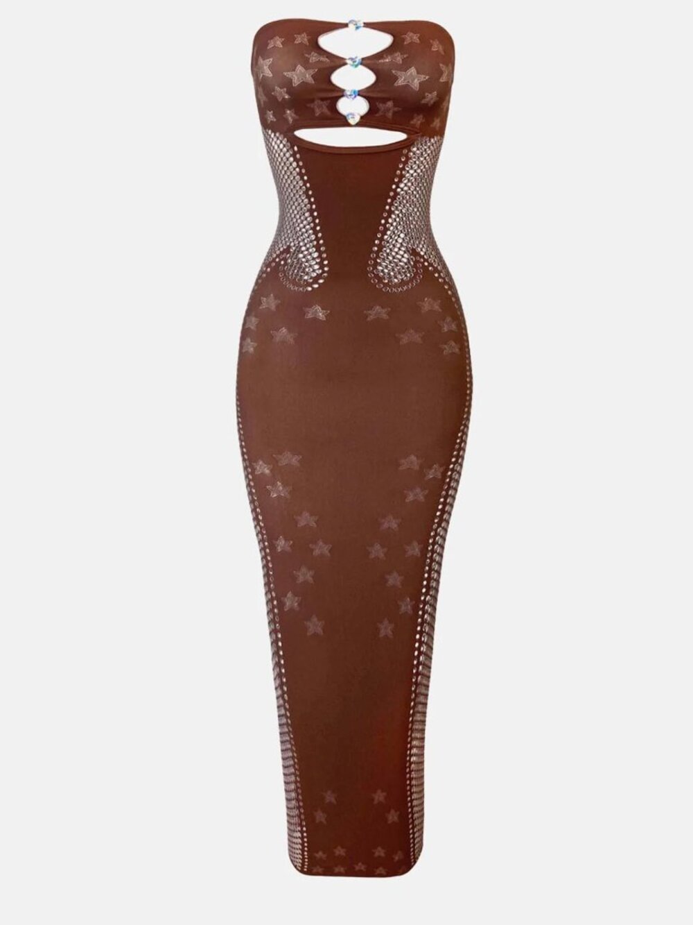 NEW Poster Girl Roxie Midi Dress in Old Money Brown Sheer Mesh Strapless Bodycon